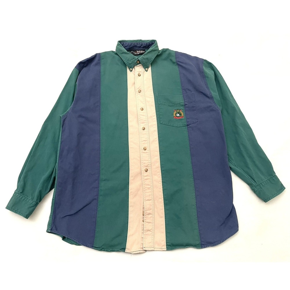 Vintage‎ 90s Disney Originals Mickey Mouse Crest Button Down Shirt XL Colorblock